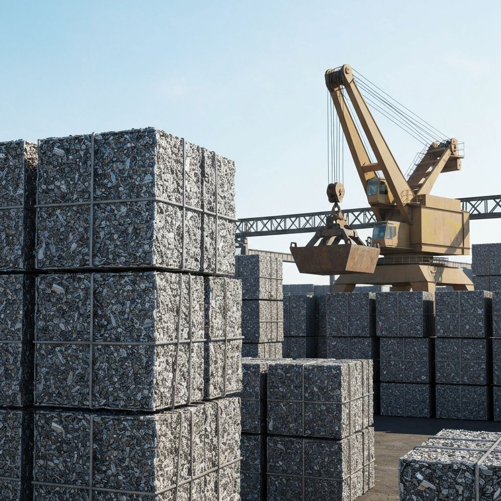 Industrial metal recycling operation with stacked scrap metal cubes and heavy machinery
