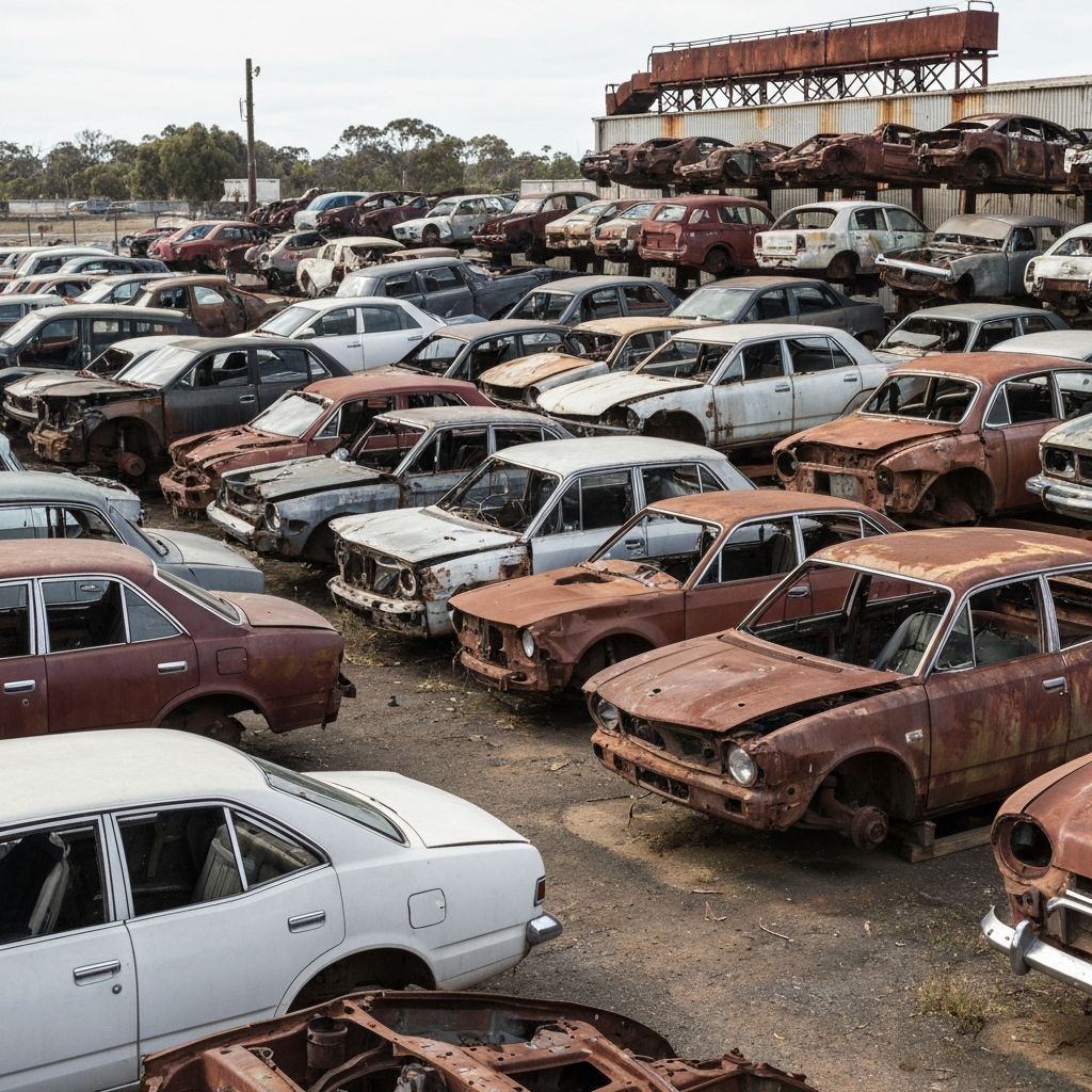 Rows of wrecked and dismantled cars in an outdoor wrecking yard awaiting recycling