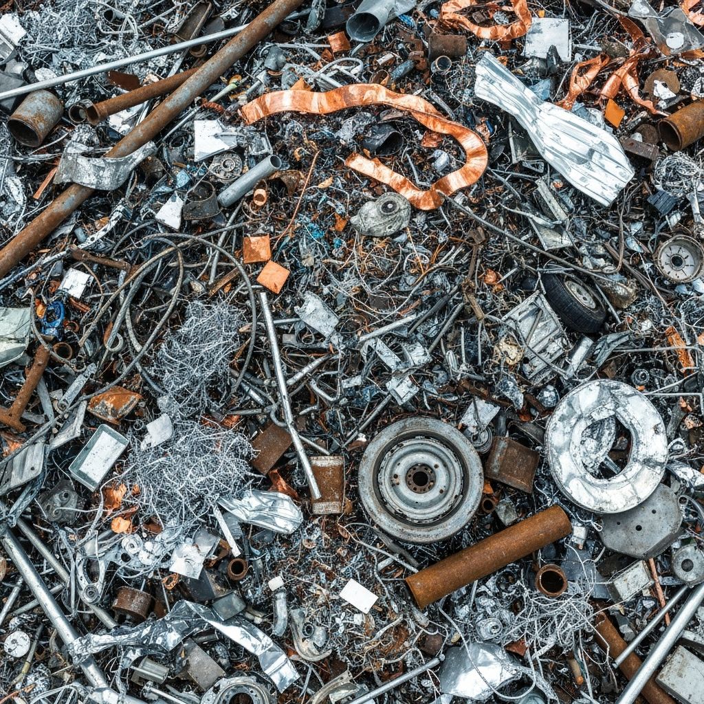 Large pile of various scrap metals including copper, steel and aluminium pieces